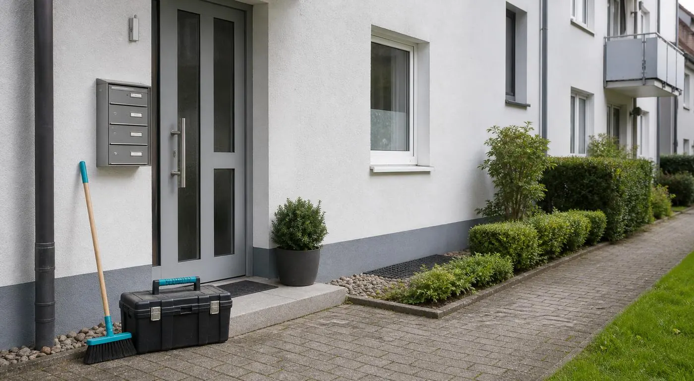 Gepflegter Hauseingang mit Werkzeug für Hausmeisterservice